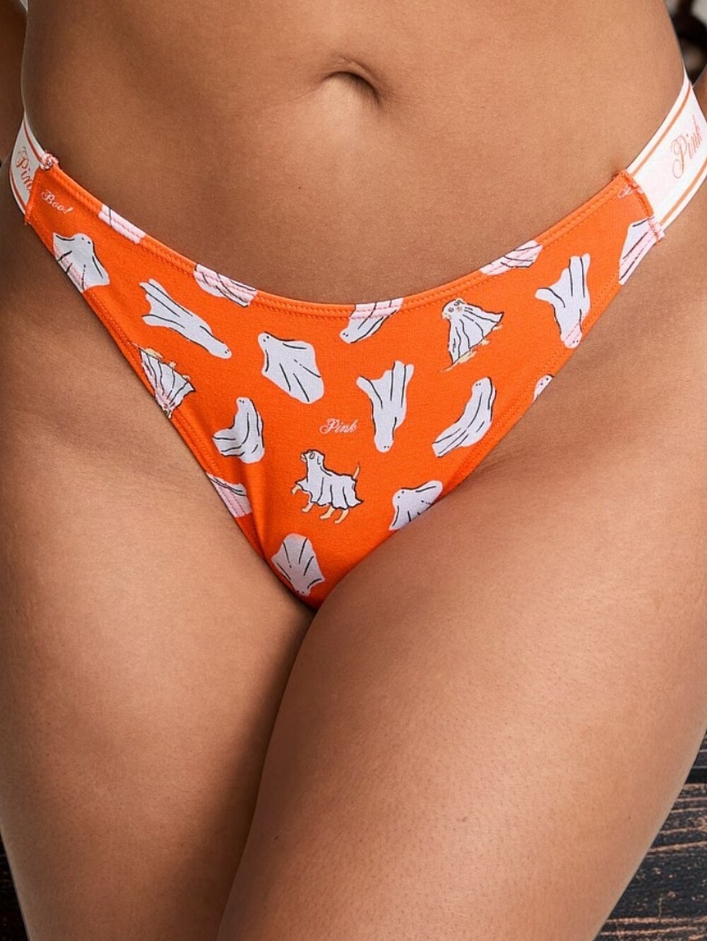 PINK Victoria's Secret Orange Ghost-Print Bikini Thong Panty Medium